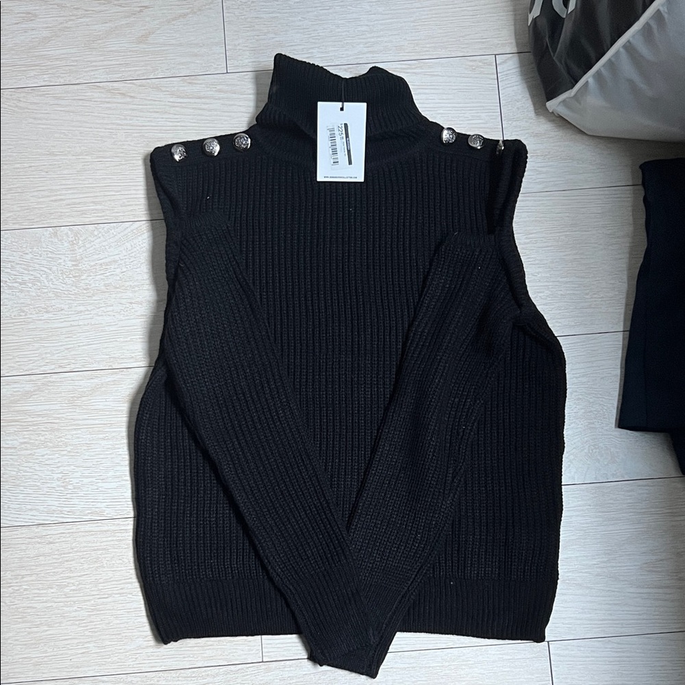 John + Jenn Black Turtleneck Sweater with Button Detail. Exposed shoulder style